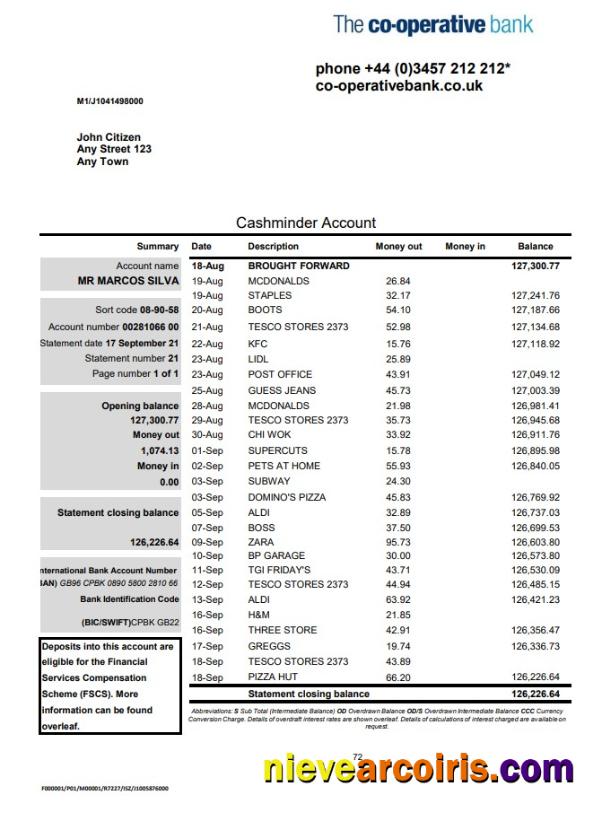 United Kingdom The Co-operative bank statement in Excel and PDF format